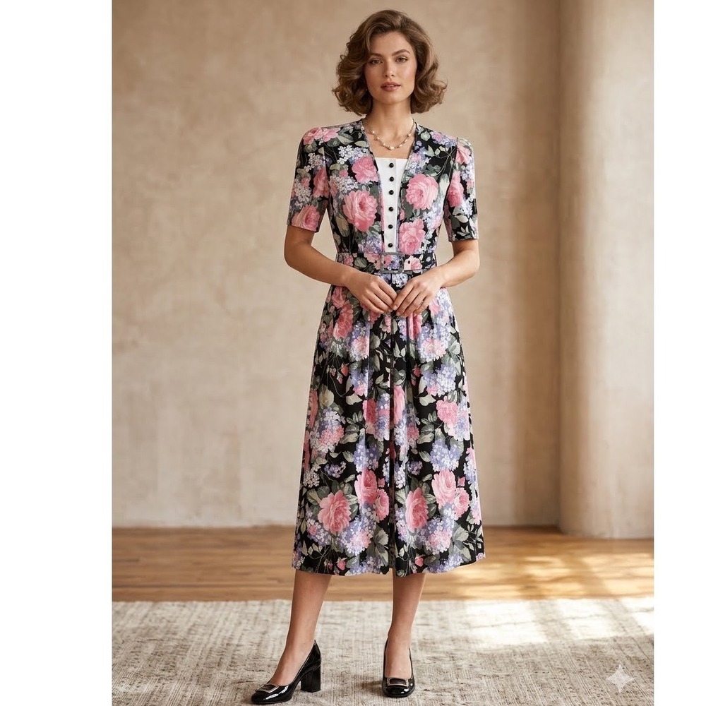 Peri Petites Vintage Floral Cotton Midi Dress Belted Pockets Black Pink Size 6